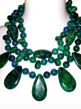 Handmade Azurite Malachite Chrysocolla Teardrop Cabochon Beaded Necklace, Heavy